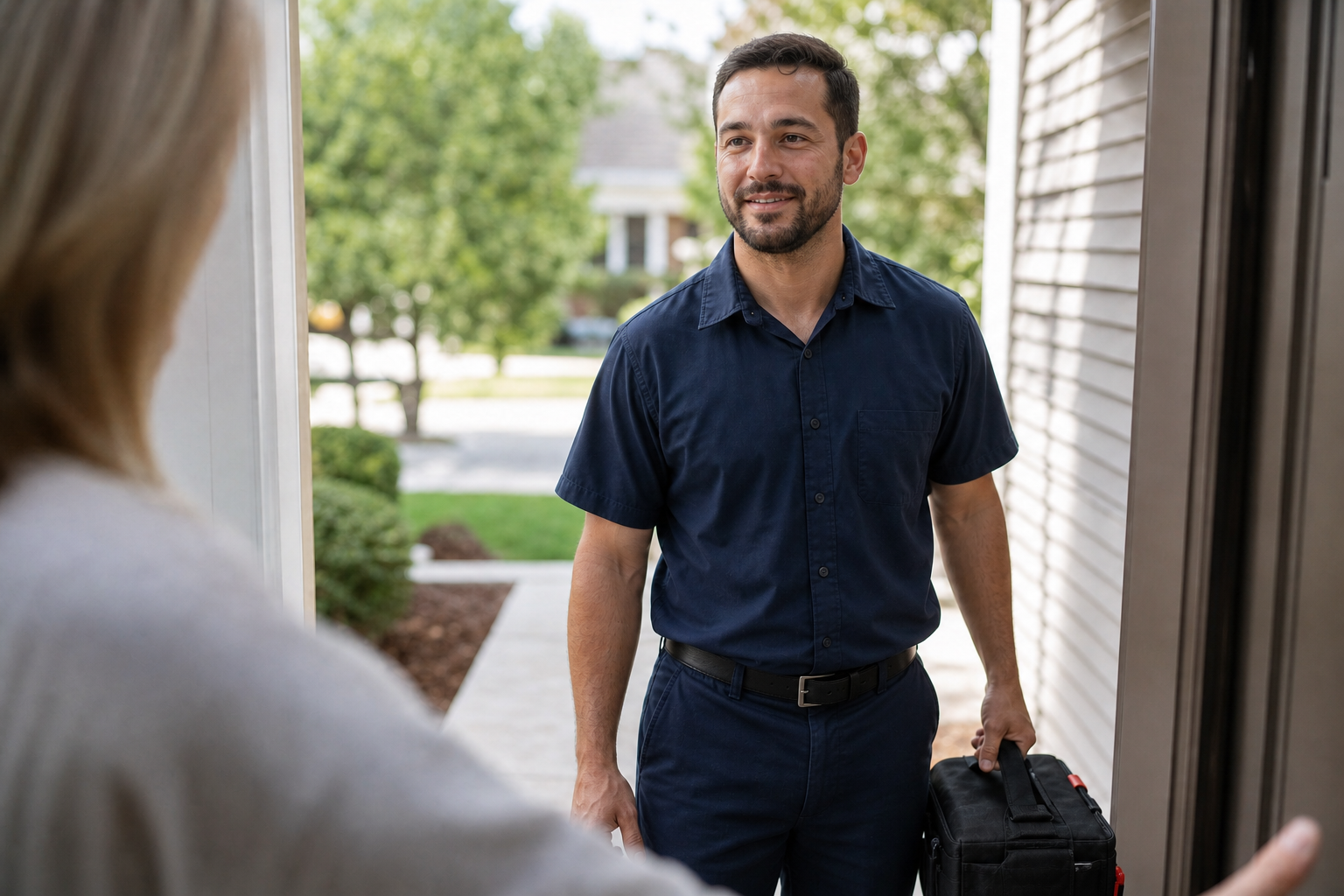 HVAC technician from Jeffries Heating & Air + Plumbing standing at a doorway with a tool bag, facing a woman inside.